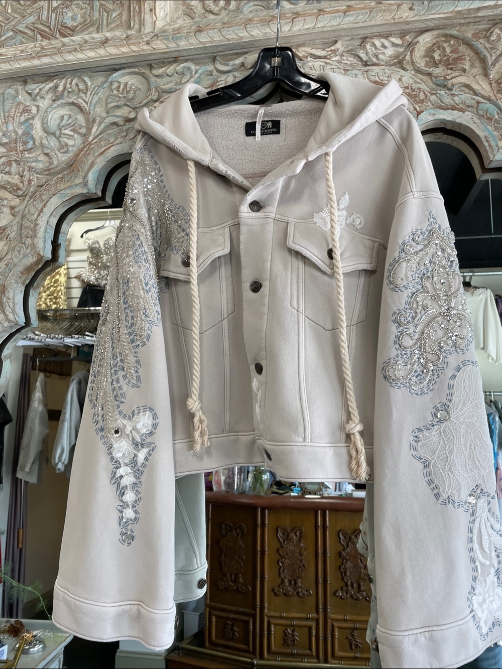 Free People Cream Hooded Jean Jacket with Silver Embellishment